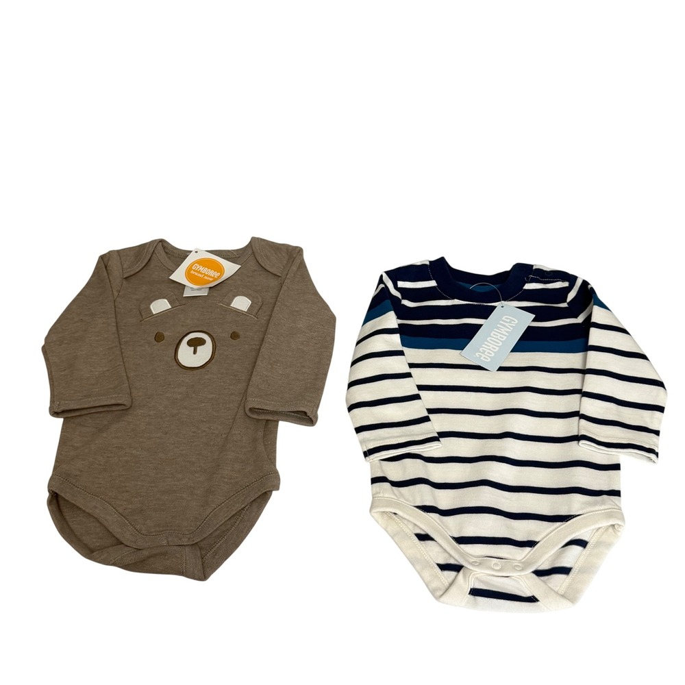 Gymboree Baby Boy 3-6M Long Sleeve Bodysuit Lot 2 Bear Striped Brown Blue NWT
